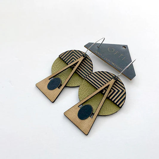 Architectural Leather + Birch earring: GEO DECO - Olive