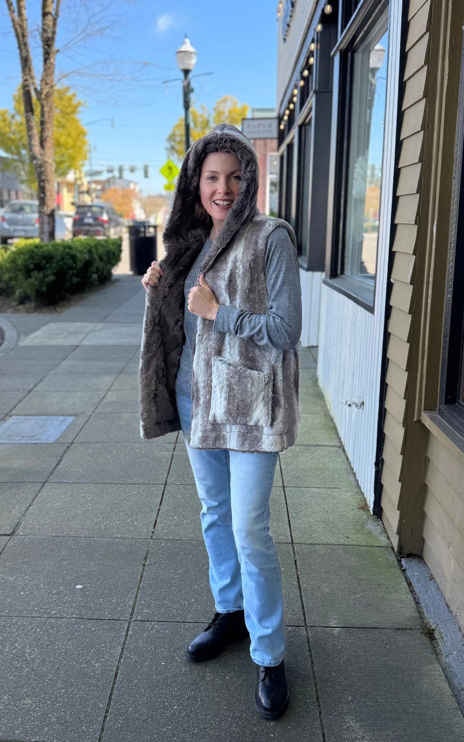 Oversized Hooded Vest - Cuddly Faux Fur in Taupey with Driftwood