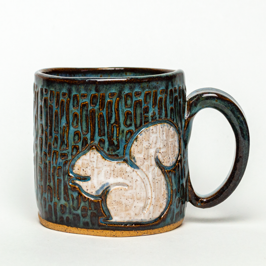 White Squirrel Design Handmade in Ohio Ceramic 10oz Blue Mug