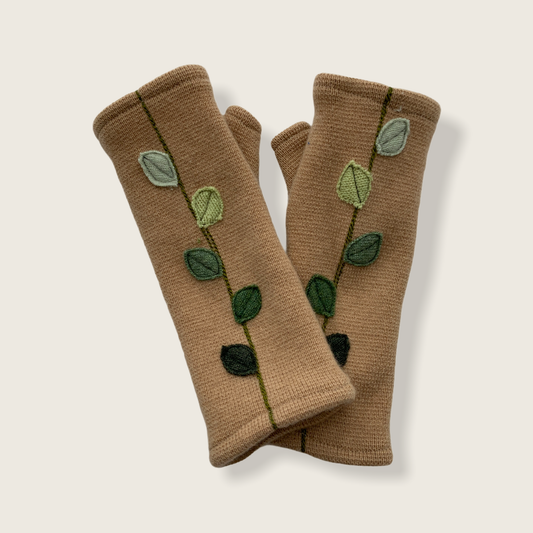Fingerless Cashmere Gloves-Leaves: Camel / One Size Fits Most