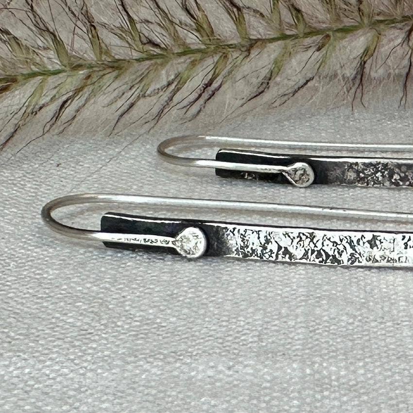 Modern Textured Sterling Silver Bar Earrings, Sculptural Hammered Drop: Textured & Matte