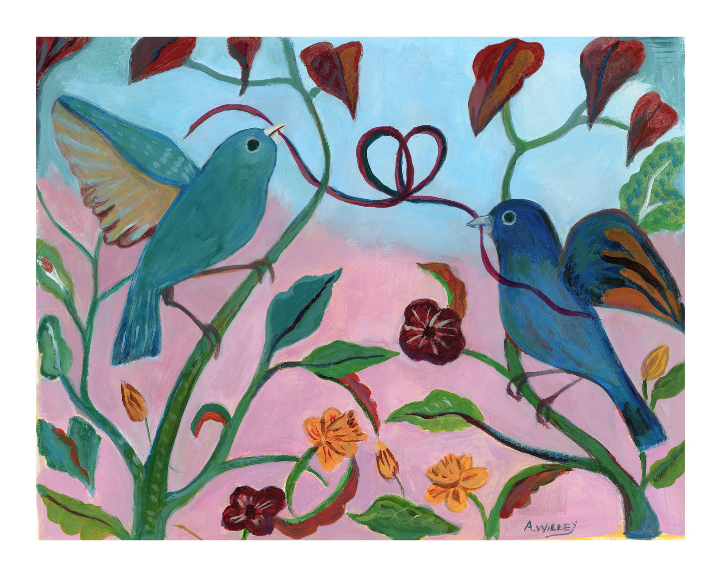 Greeting Card, Birds, Romance, Blank, Heart String