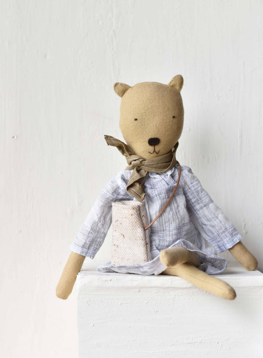 Agatha the Bear – Handmade Wool Doll in Grid Plaid Dress