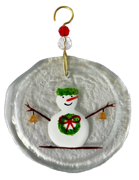Ornament - Snowman & Wreath: Clear glass / One size:  2" - 4"