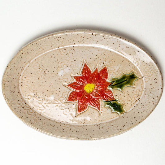 Poinsettia Pattern Handmade Ceramic White Oval Trinket Dish