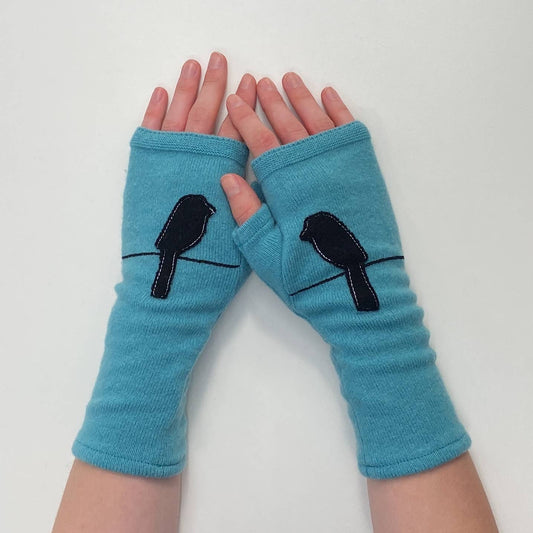 Fingerless Cashmere Gloves-Bird on Wire: Aqua / One Size Fits Most