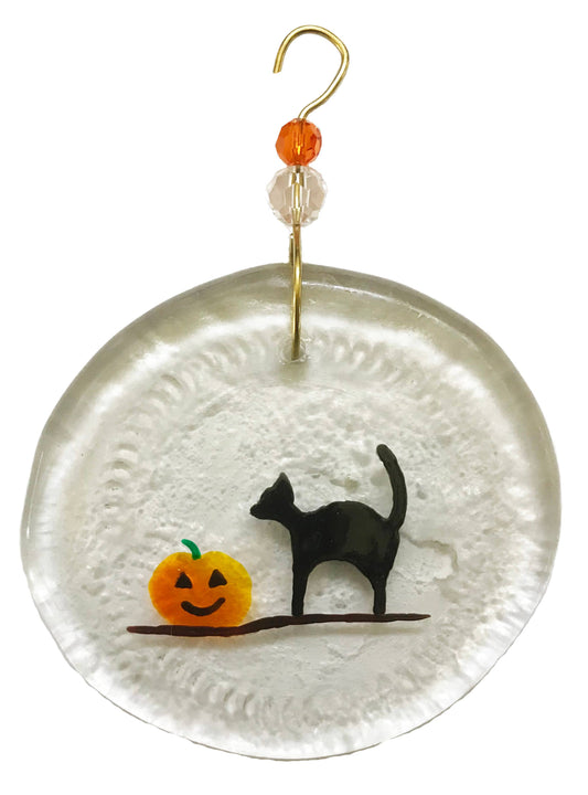 Ornament - Cat & Jack-o-Lantern: Clear glass / One size:  2" - 4"