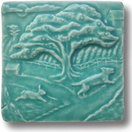 Sculpted Porcelain Dog & Rabbit Chase Art Tile 4x4: Bermuda Green Glaze