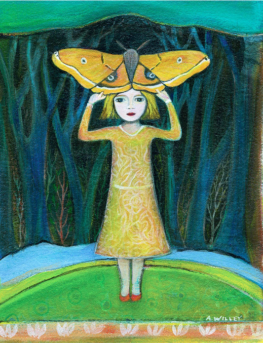 Greeting Card, Nature, Girl, Fantasy, Fine Art, Orange Moth