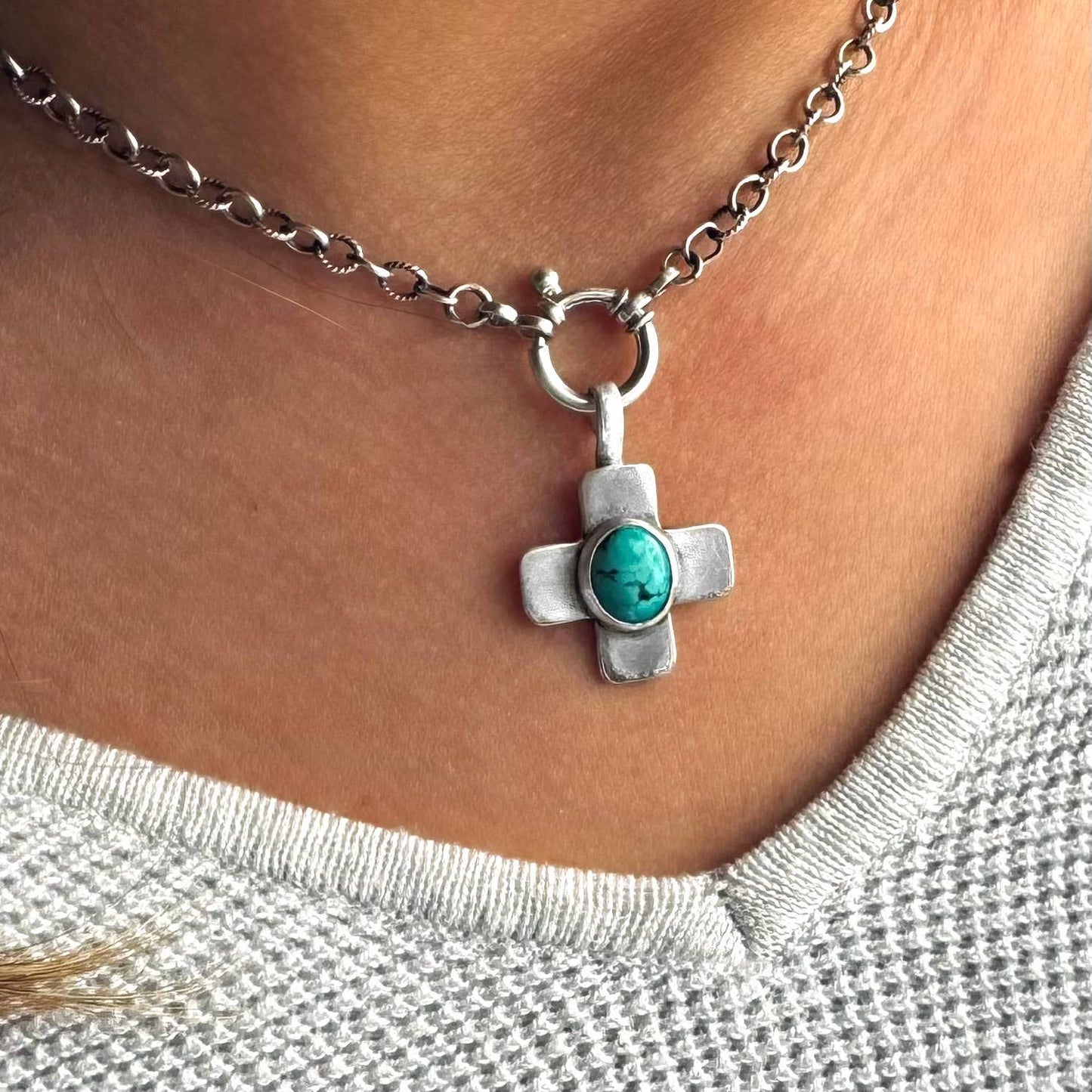 Sterling Silver Turquoise Cross Necklace: 16in -18in