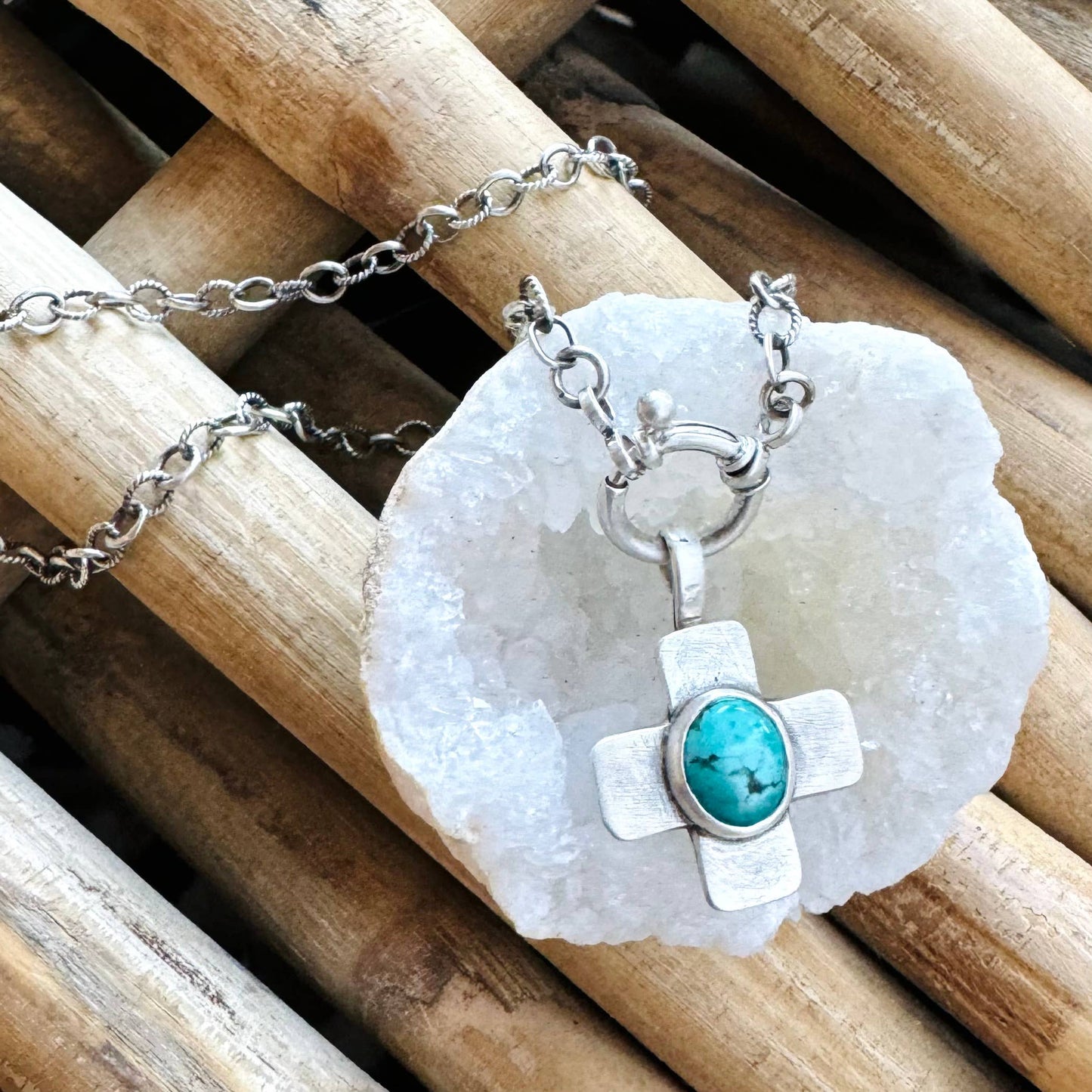 Sterling Silver Turquoise Cross Necklace: 16in -18in