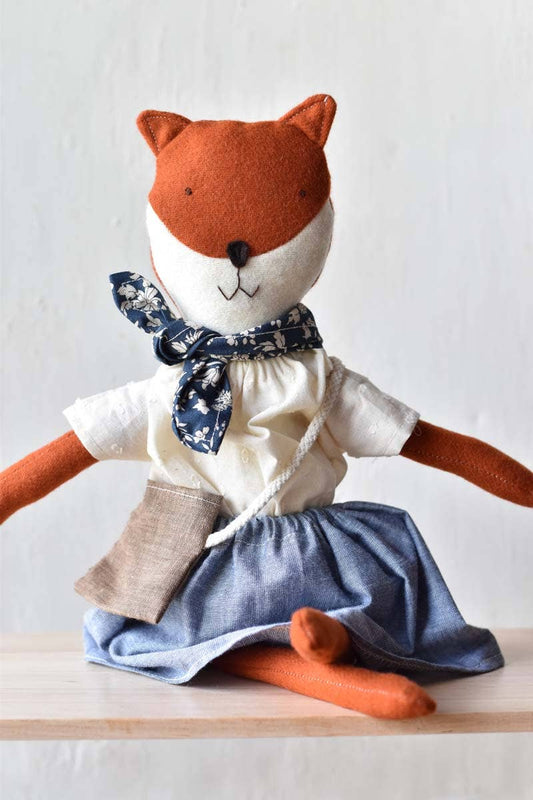 Florette the Fox – Handmade Wool Doll -Chambray Skirt + top