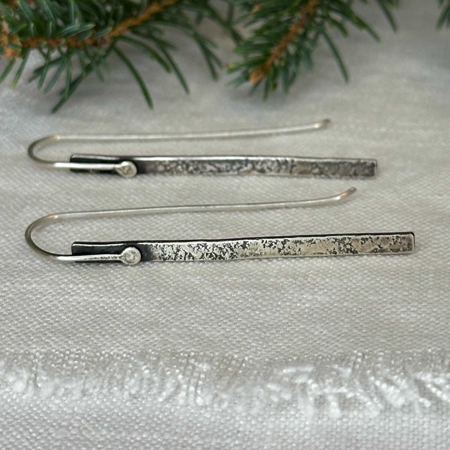Modern Textured Sterling Silver Bar Earrings, Sculptural Hammered Drop: Textured & Matte