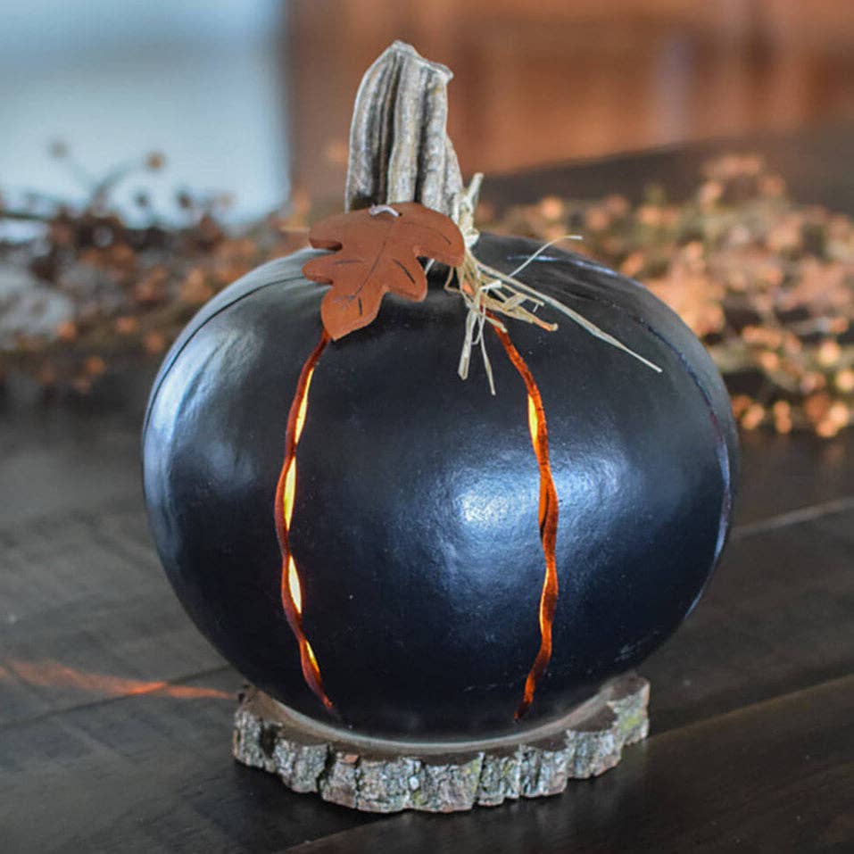 Hand-Crafted Gourd - Black Pumpkin Luminary - Large Lit