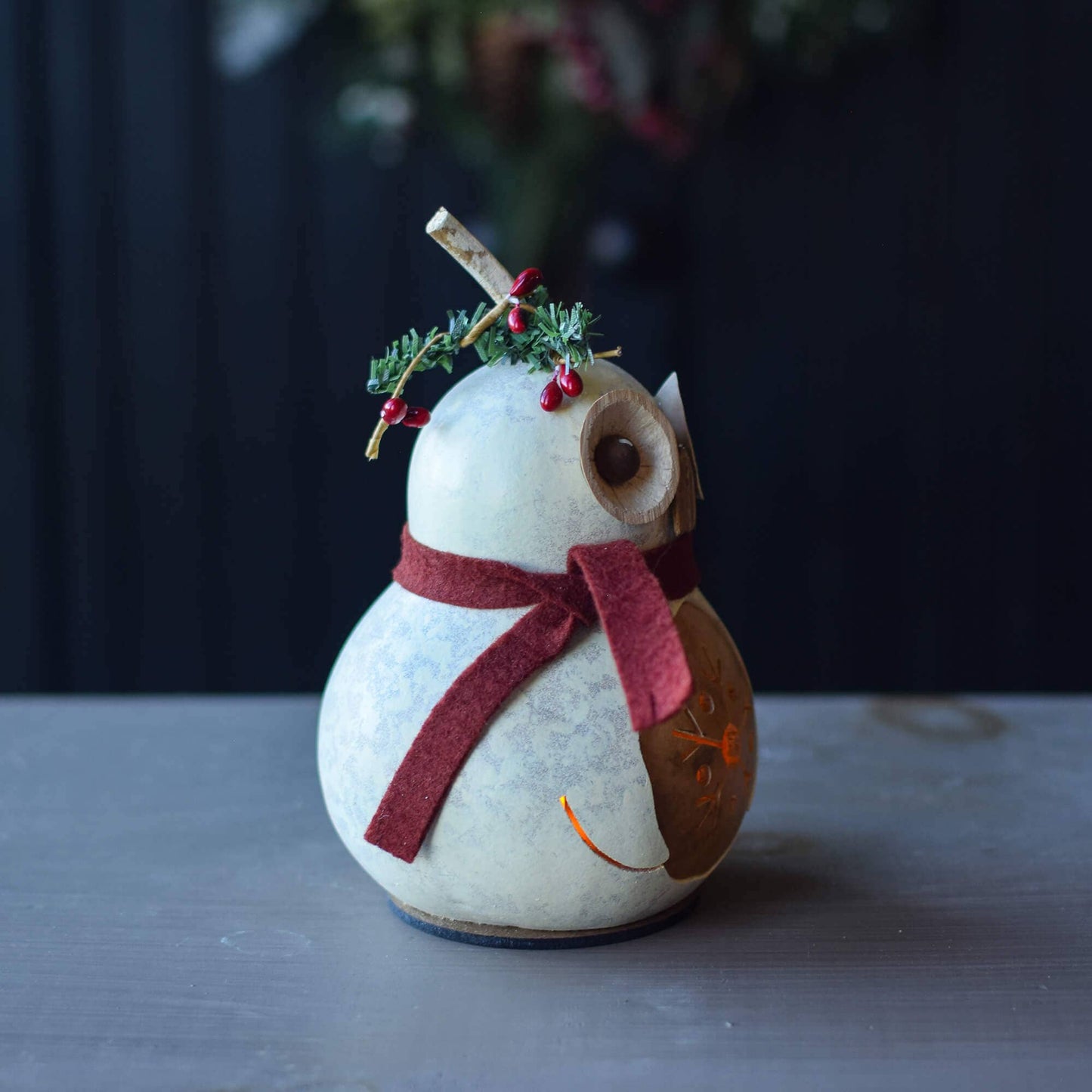 Hand-Crafted Owl Gourd - Olwen Miniature - Christmas Decor