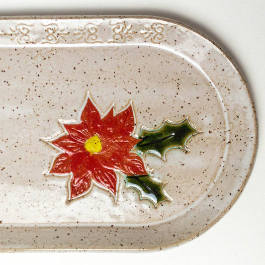 Poinsettia Pattern Handmade Ceramic 10" White Platter