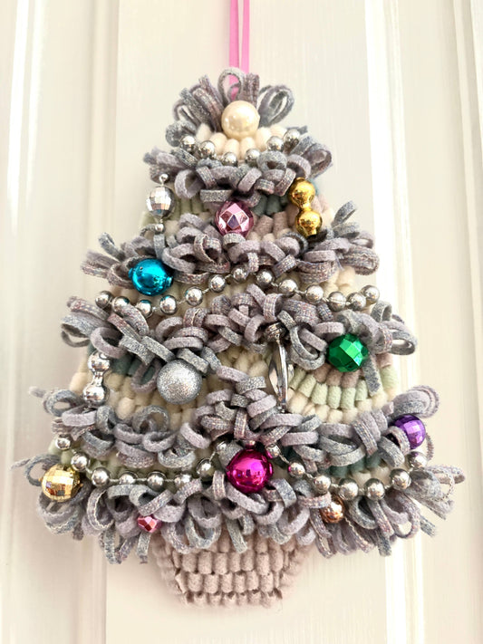 Vintage Silver Cheery Tree - Hooked Rug Christmas Decor