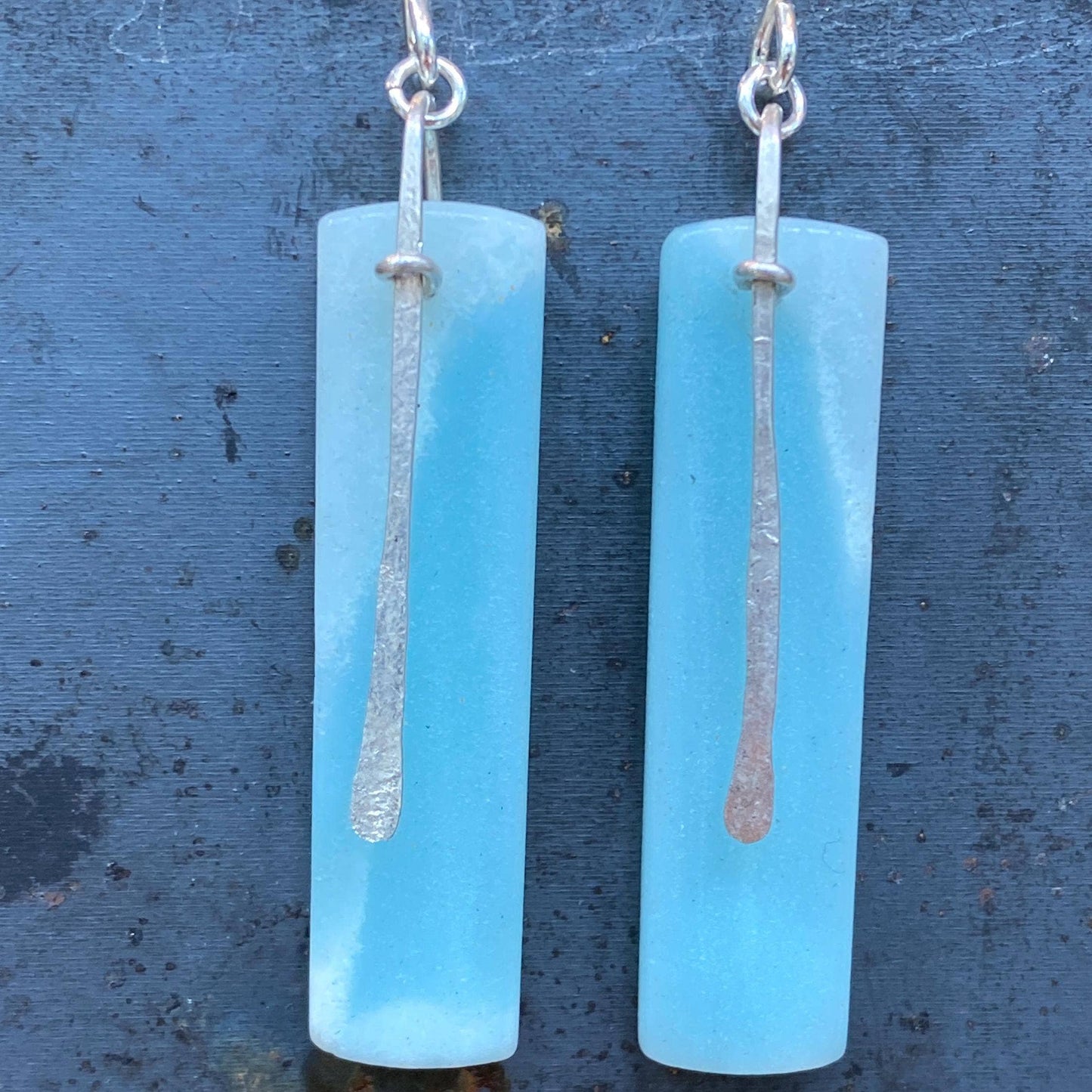 Amazonite and Sterling Silver Long Rectangle Earrings "Slice"