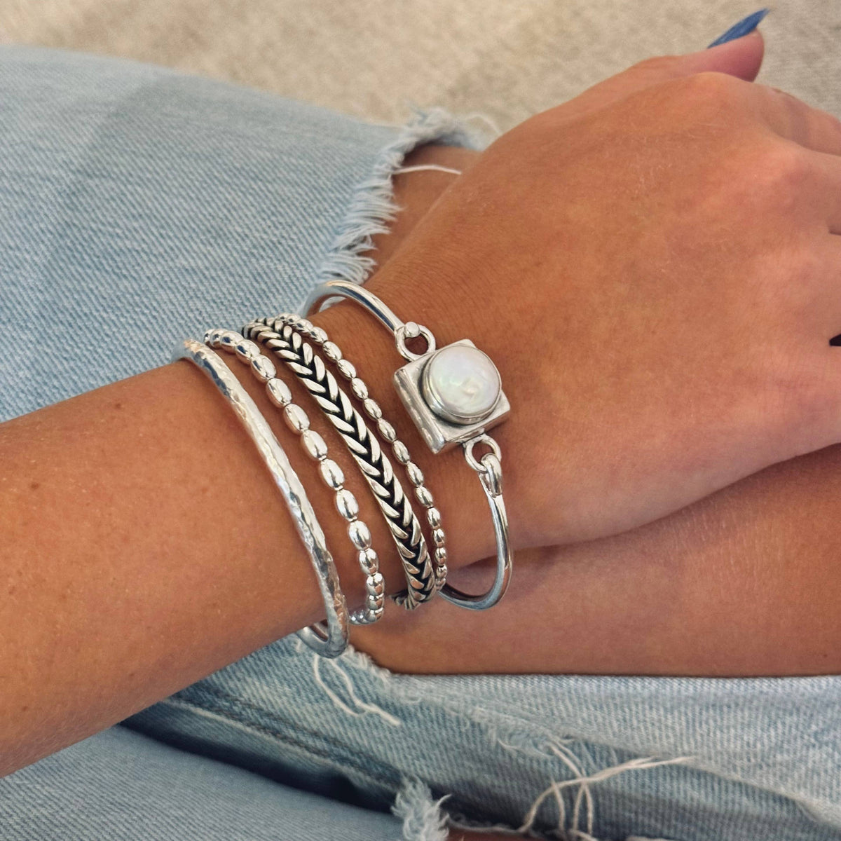 Sterling Silver Pearl Coin Bangle