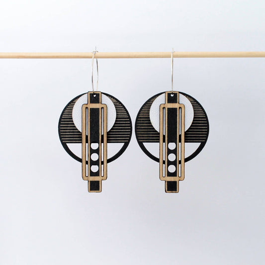 Architectural Lightweight Leather+Birch earring: Wright BLK