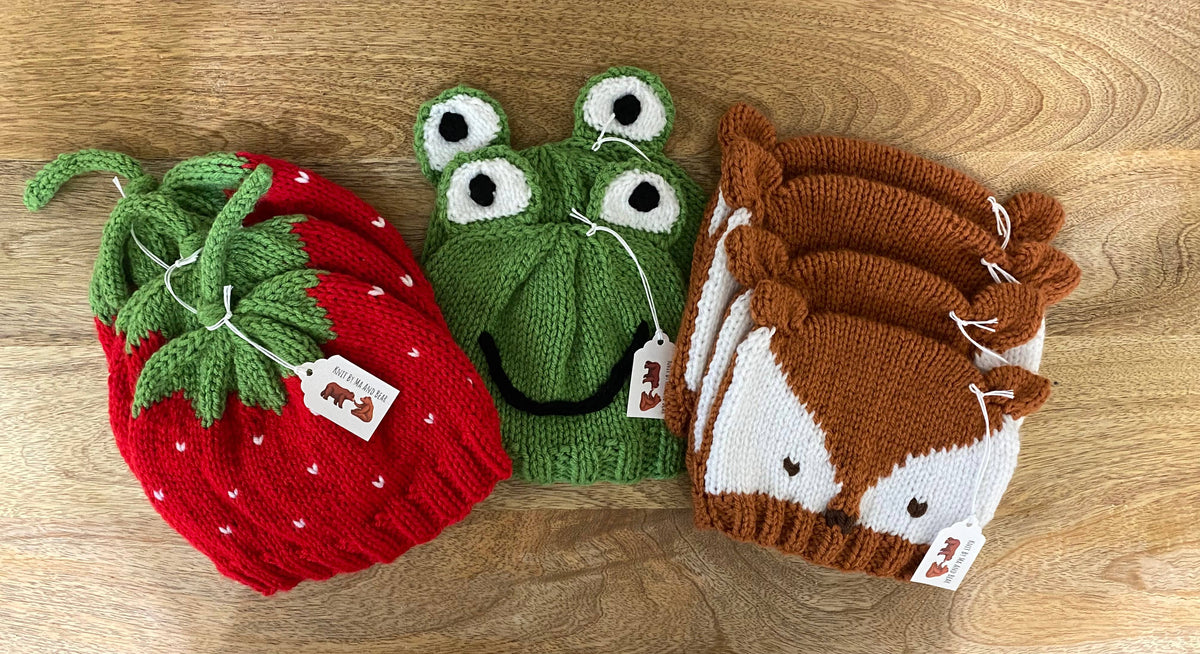 Strawberry hats; Hand knit; Mommy and Me; adult toddler baby: Toddler