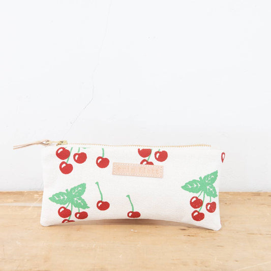 Cherry Pencil Bag: Cherry Red + Sea Foam | Natural Zip / Cotton Barkcloth / Flat