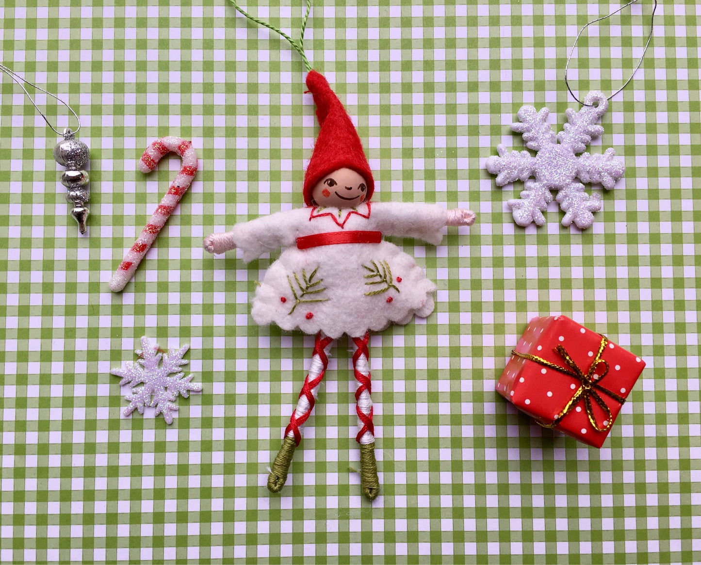 Happy Holidays Pixie Ornament in White: Red