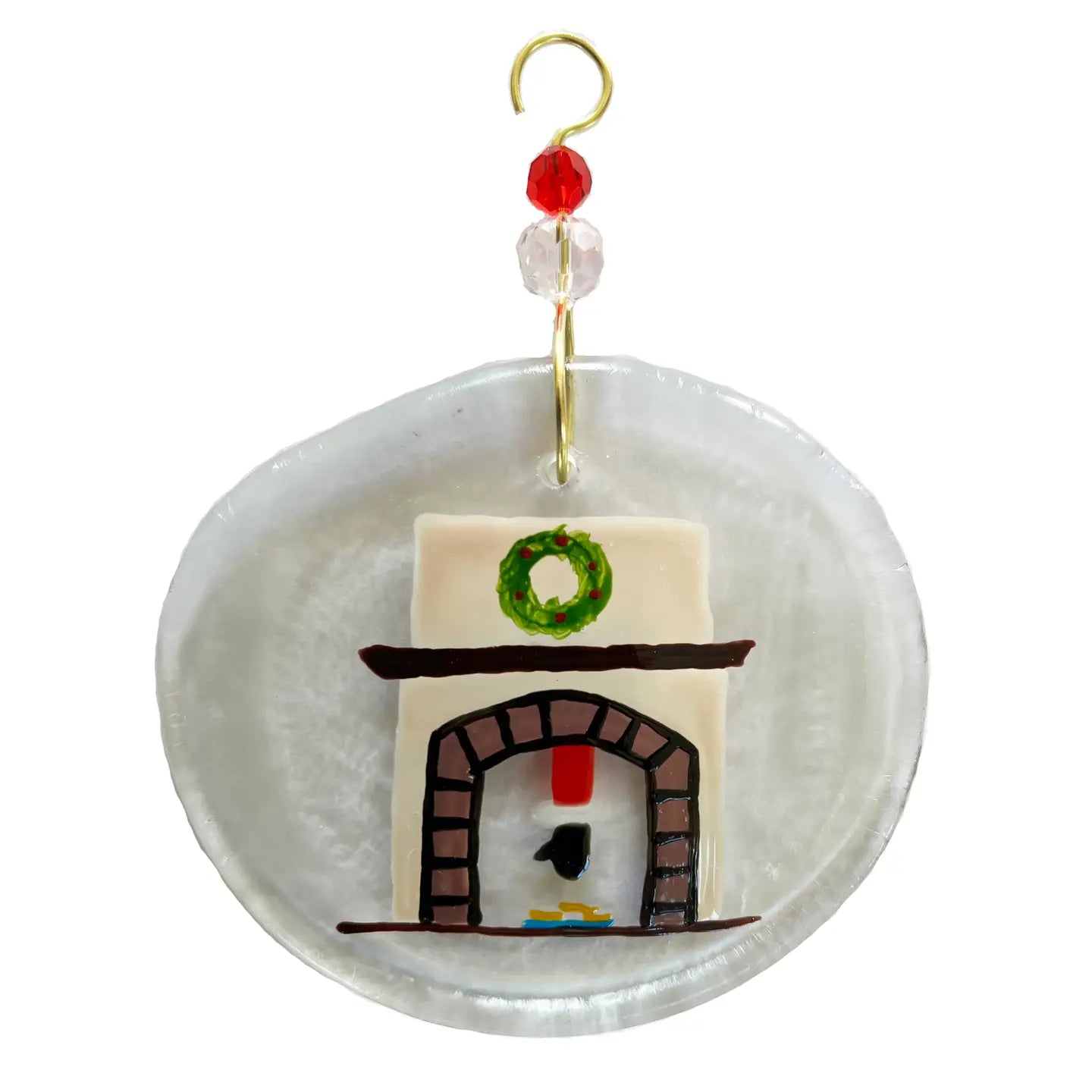 Santa and Fireplace Glass Ornament - Clear - 2x4