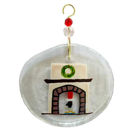 Santa and Fireplace Glass Ornament - Clear - 2x4