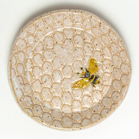 Honey Bee Pattern Ceramic Rd Trinket Dish Handmade in Ohio