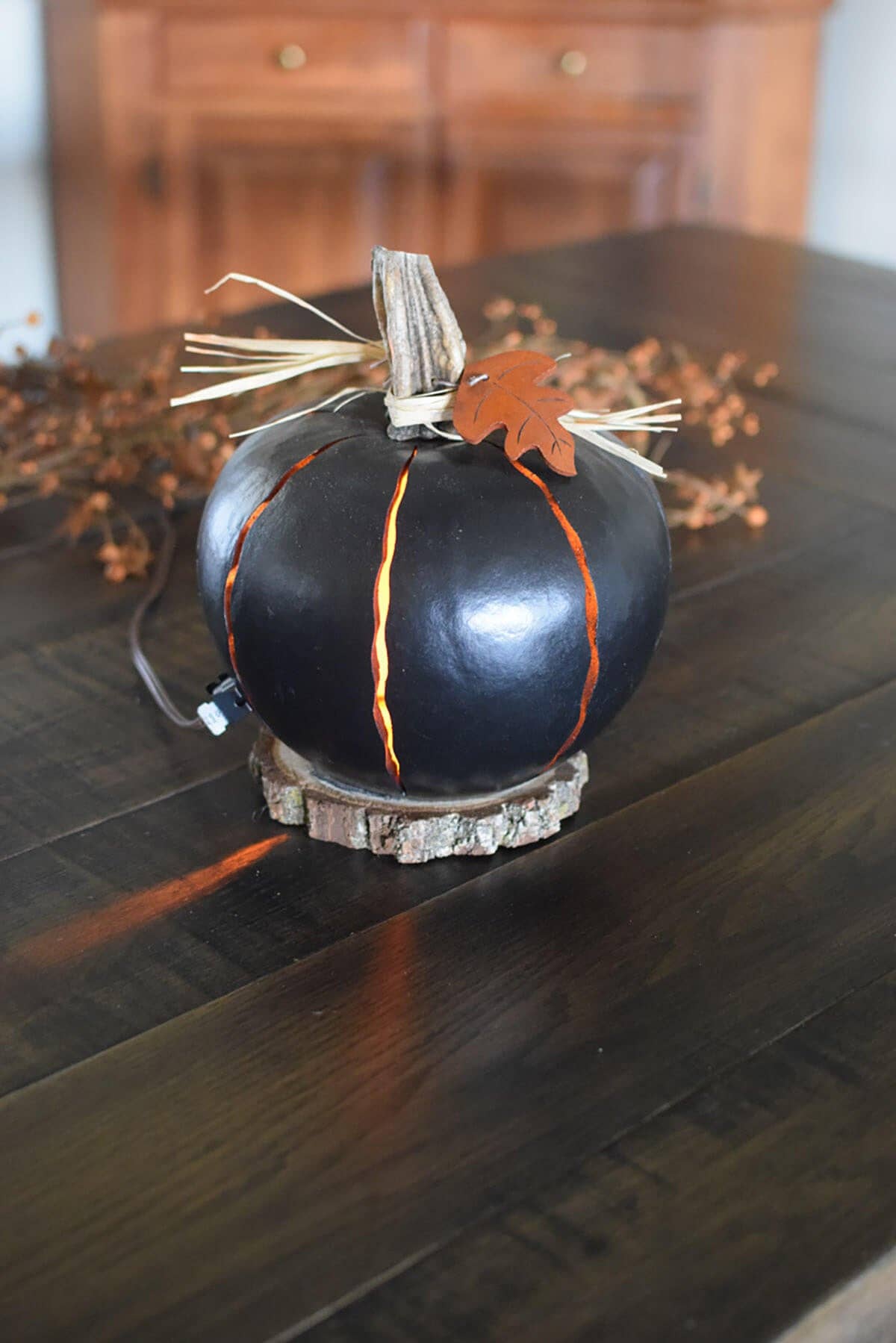 Hand-Crafted Gourd - Black Pumpkin Luminary - Large Lit