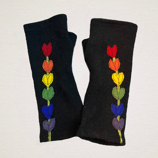 Fingerless Cashmere Gloves-Lupine: Rainbow on Black / One Size Fits Most