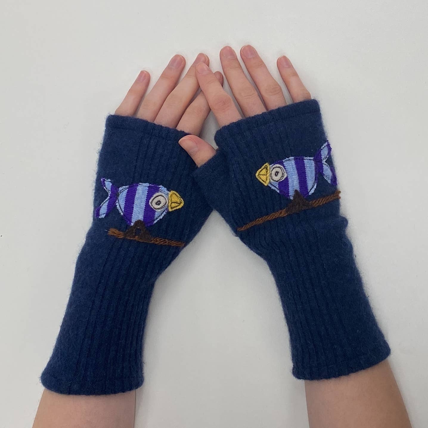 Fingerless Cashmere Gloves-Cute Bird: Blue / One Size Fits Most