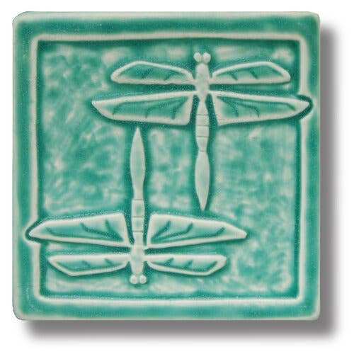 Double Dragonfly Art Tile 6x6: Seaside Blue Glaze