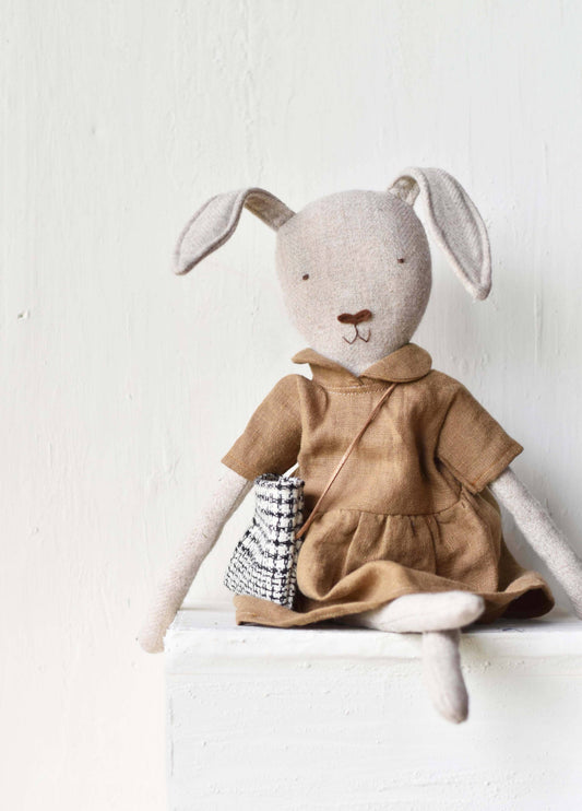 Ruthie the Rabbit – Handmade Wool Doll in Linen Dress 