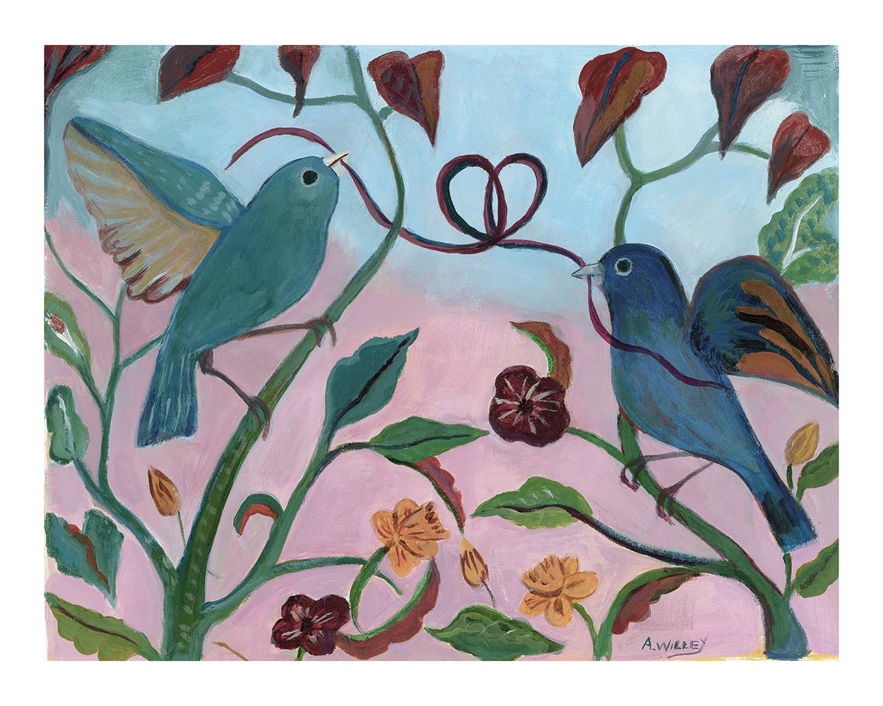 Greeting Card, Birds, Romance, Blank, Heart String