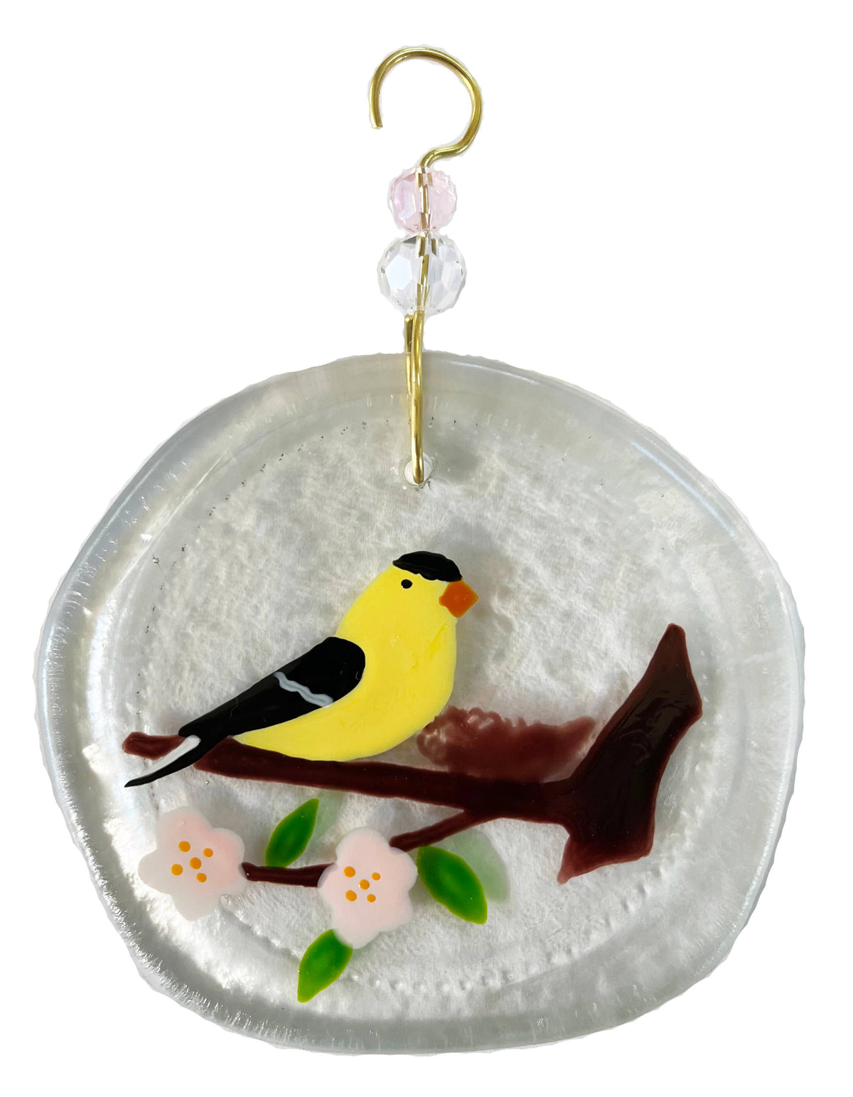Ornament - Yellow Bird & Nest: Clear glass / One size:  2" - 4"