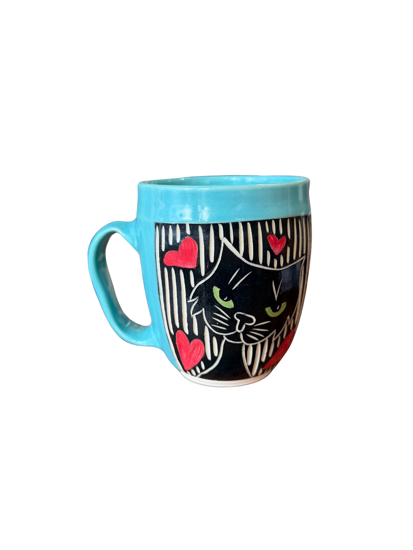 Wheel Thrown Mug - Black Cat Face/Hearts