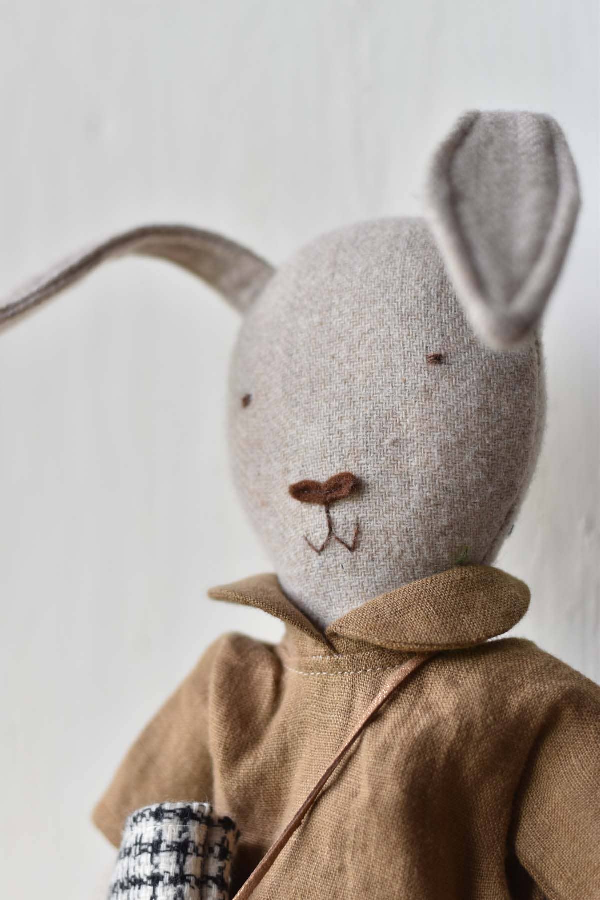 Ruthie the Rabbit – Handmade Wool Doll in Linen Dress 