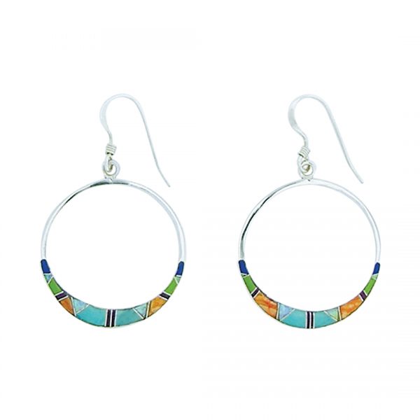 Multi Stone Inlay Circle Sterling Silver Dangle Earrings