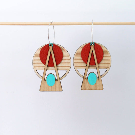 Architectural Lightweight Leather + Birch earring: Deco Red