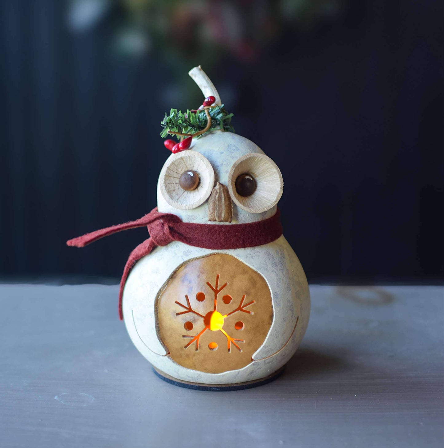 Hand-Crafted Owl Gourd - Olwen Miniature - Christmas Decor