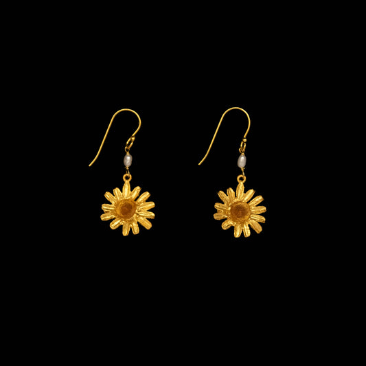 Golden Daisy Wire Earrings with Pearls - 16" Adj.