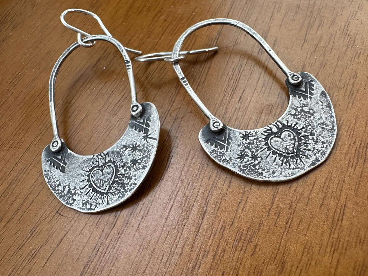 Handmade Sterling Sacred Heart Hoops – Textured Drop Earrings
