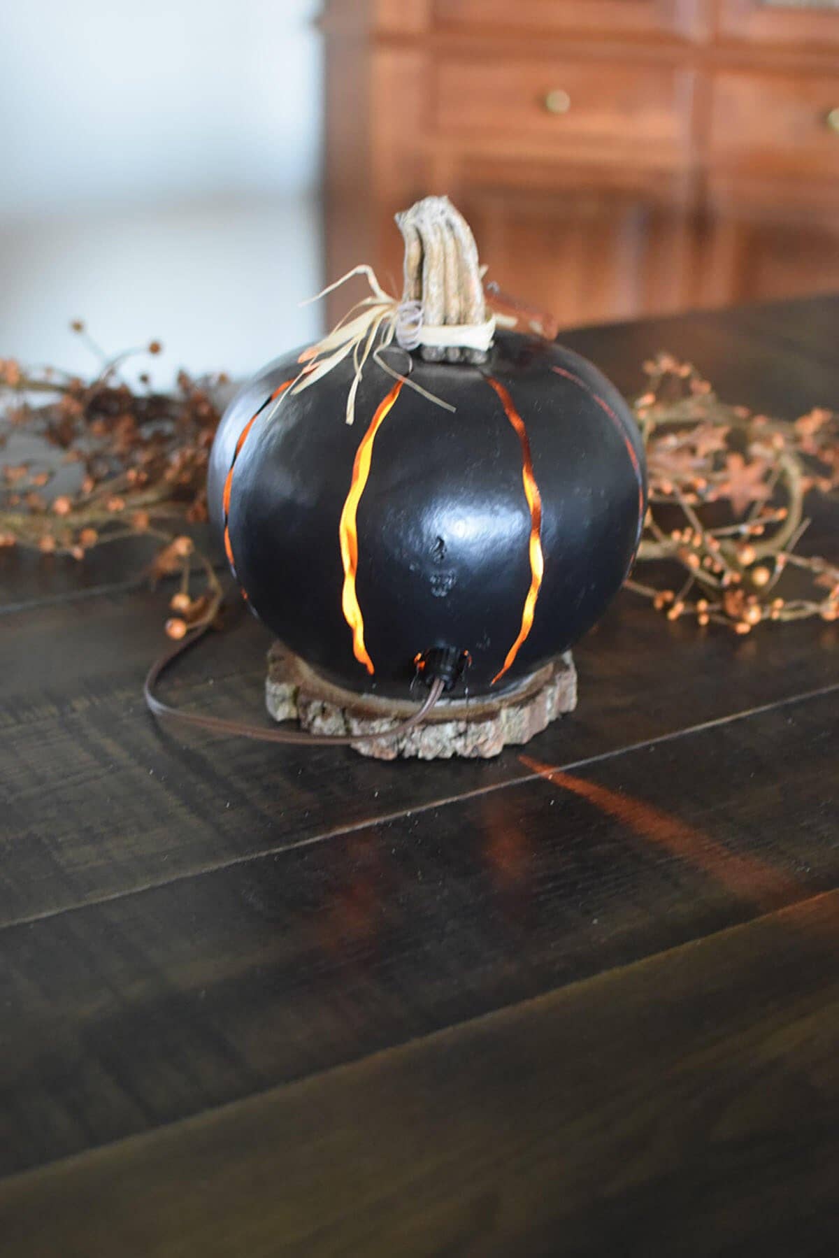 Hand-Crafted Gourd - Black Pumpkin Luminary - Large Lit
