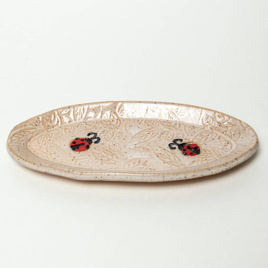 Ladybug Pattern Handmade Ceramic White Oval Trinket