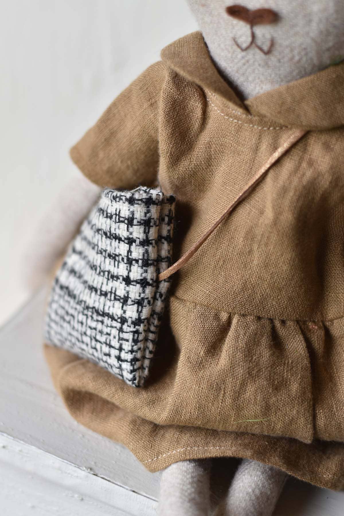 Ruthie the Rabbit – Handmade Wool Doll in Linen Dress 