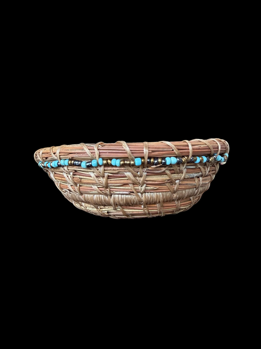 Beige w/ Blue Beads Pine Needle Basket