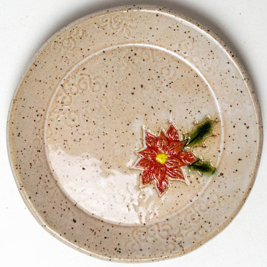 Poinsettia Pattern Ceramic Round Trinket Dish Handmade
