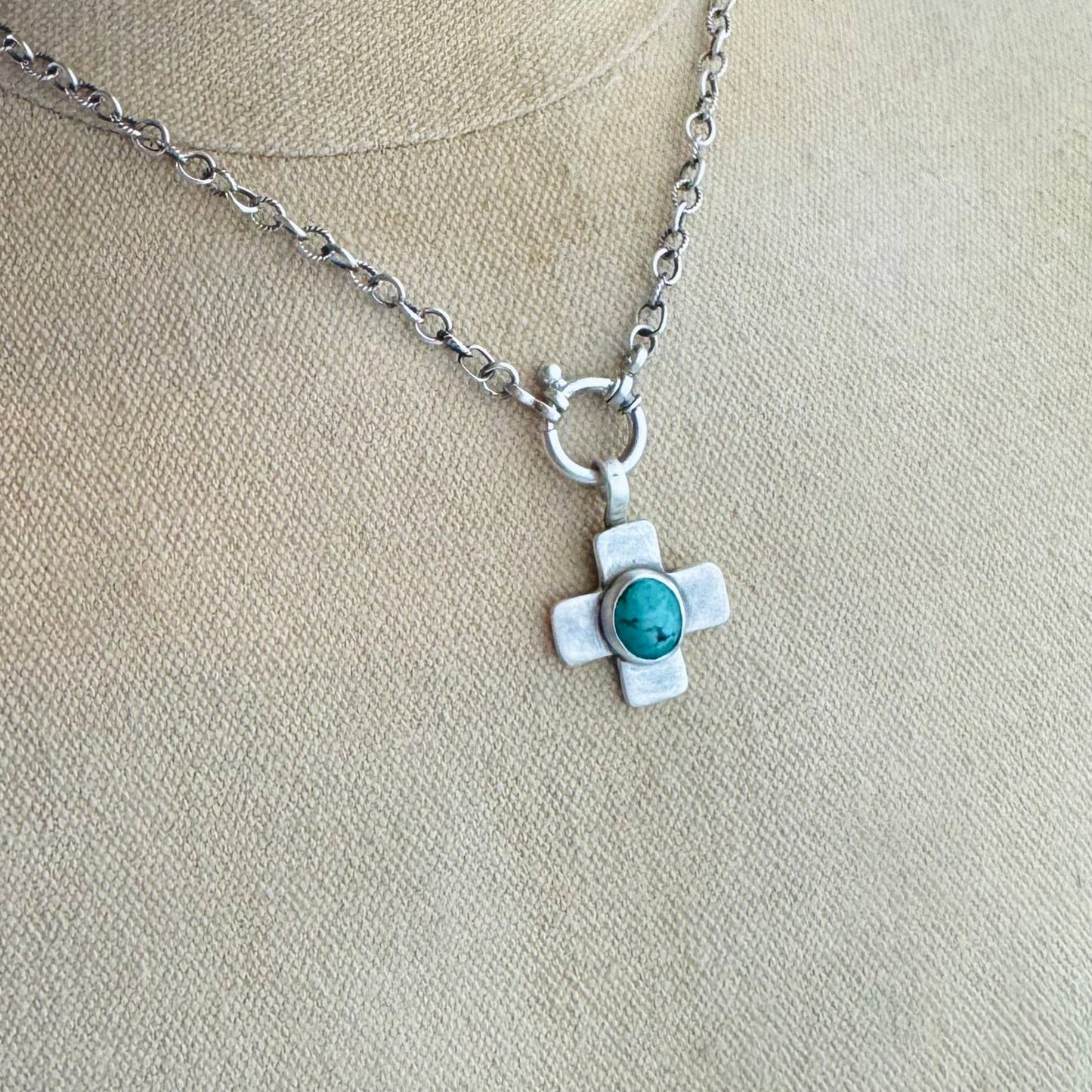 Sterling Silver Turquoise Cross Necklace: 16in -18in
